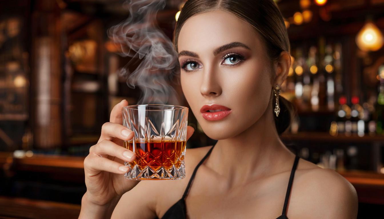 женщина пьет виски в баре